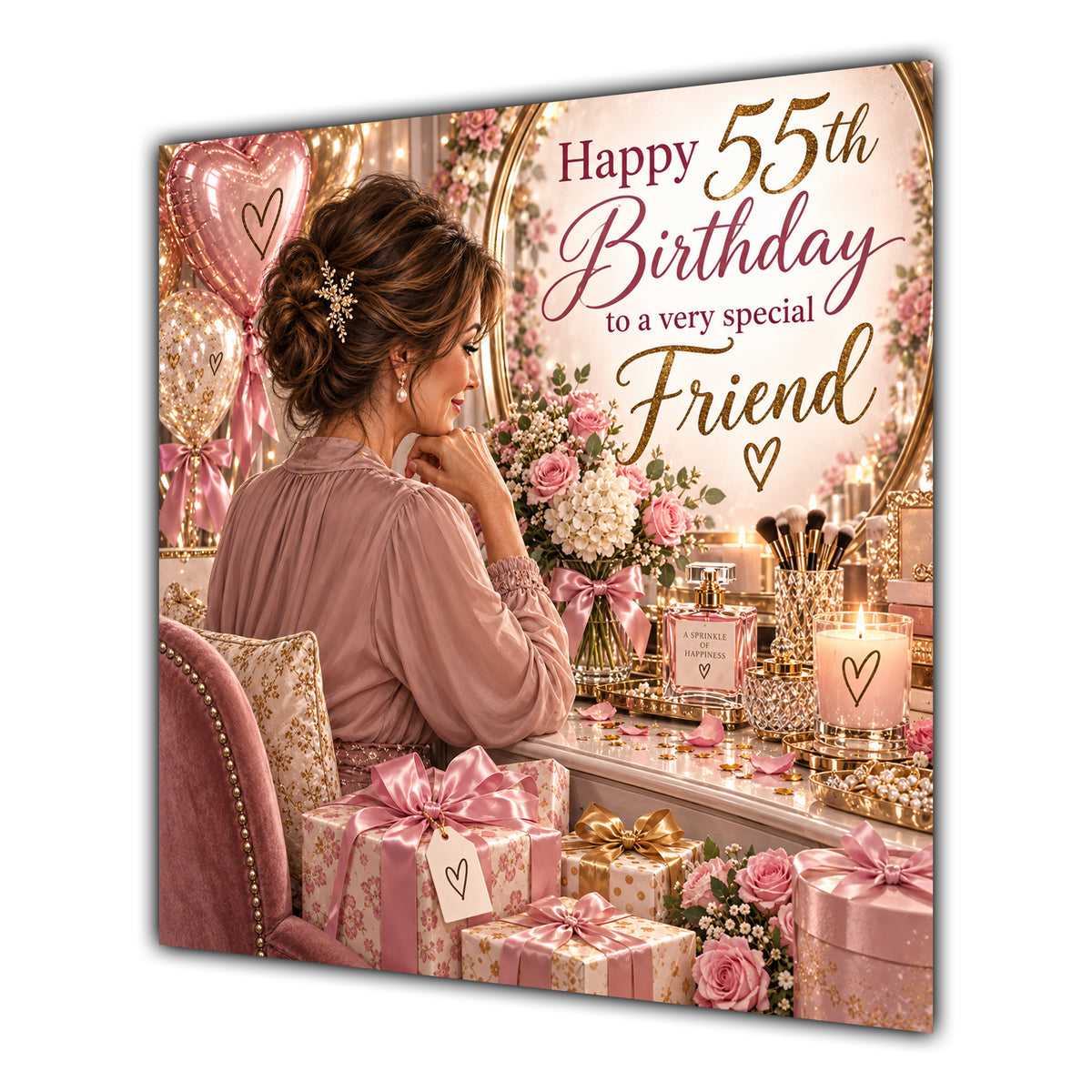 Friend 55th Birthday Card Brunette Dressing Table Pink Roses