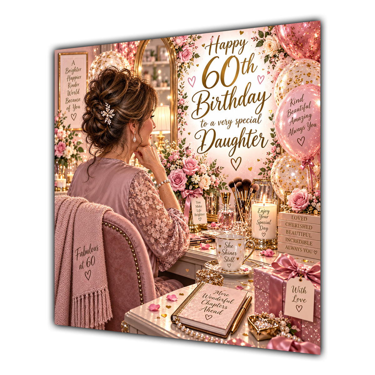 Daughter 60th Birthday Card Brunette Dressing Table Pink Roses
