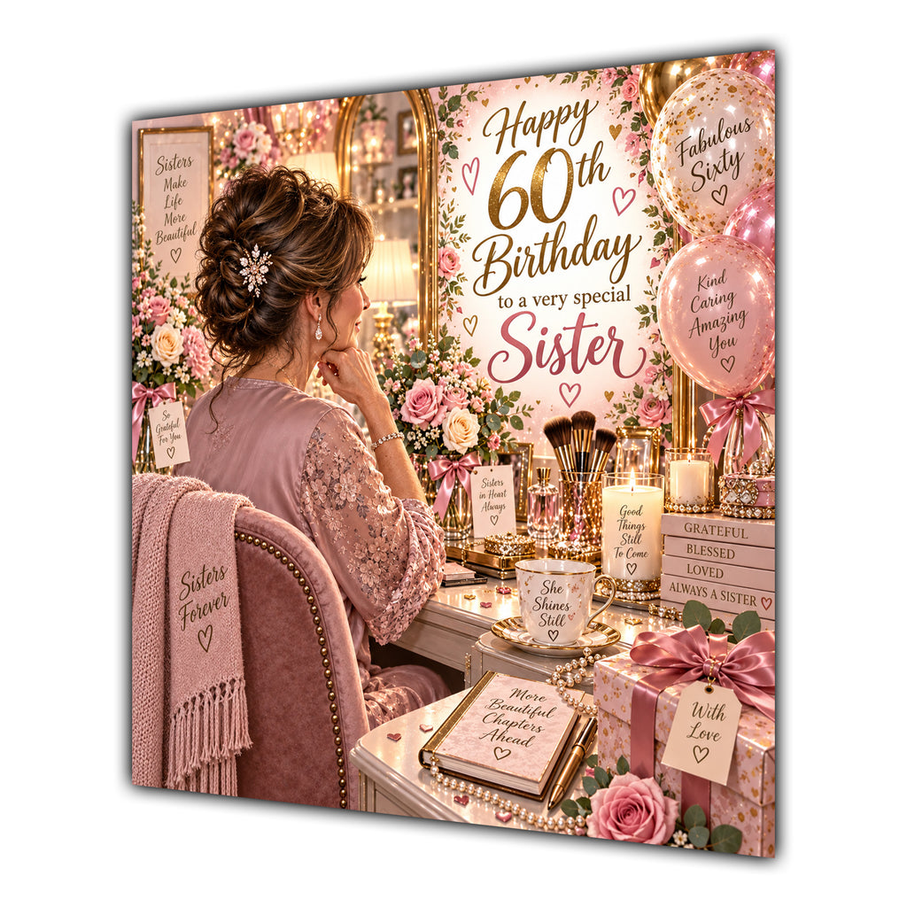 Sister 60th Birthday Card Brunette Dressing Table Pink Roses