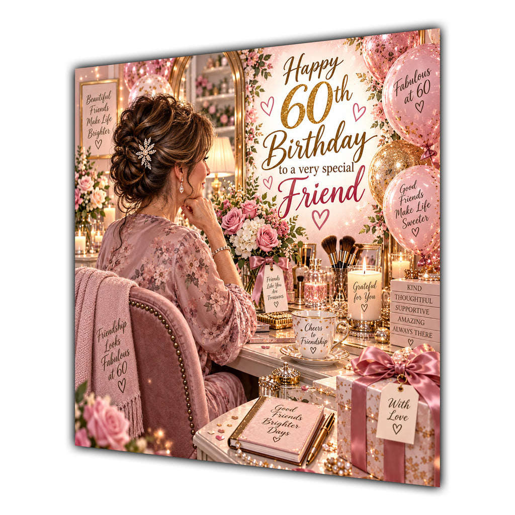Friend 60th Birthday Card Brunette Dressing Table Pink Roses