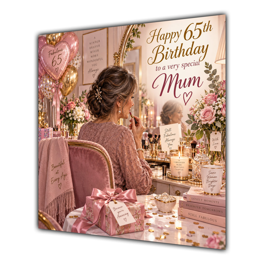 Mum 65th Birthday Card Brunette Dressing Table Pink Roses
