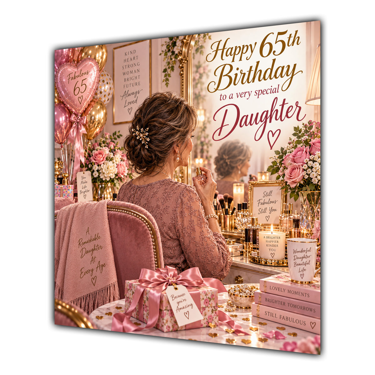 Daughter 65th Birthday Card Brunette Dressing Table Pink Roses