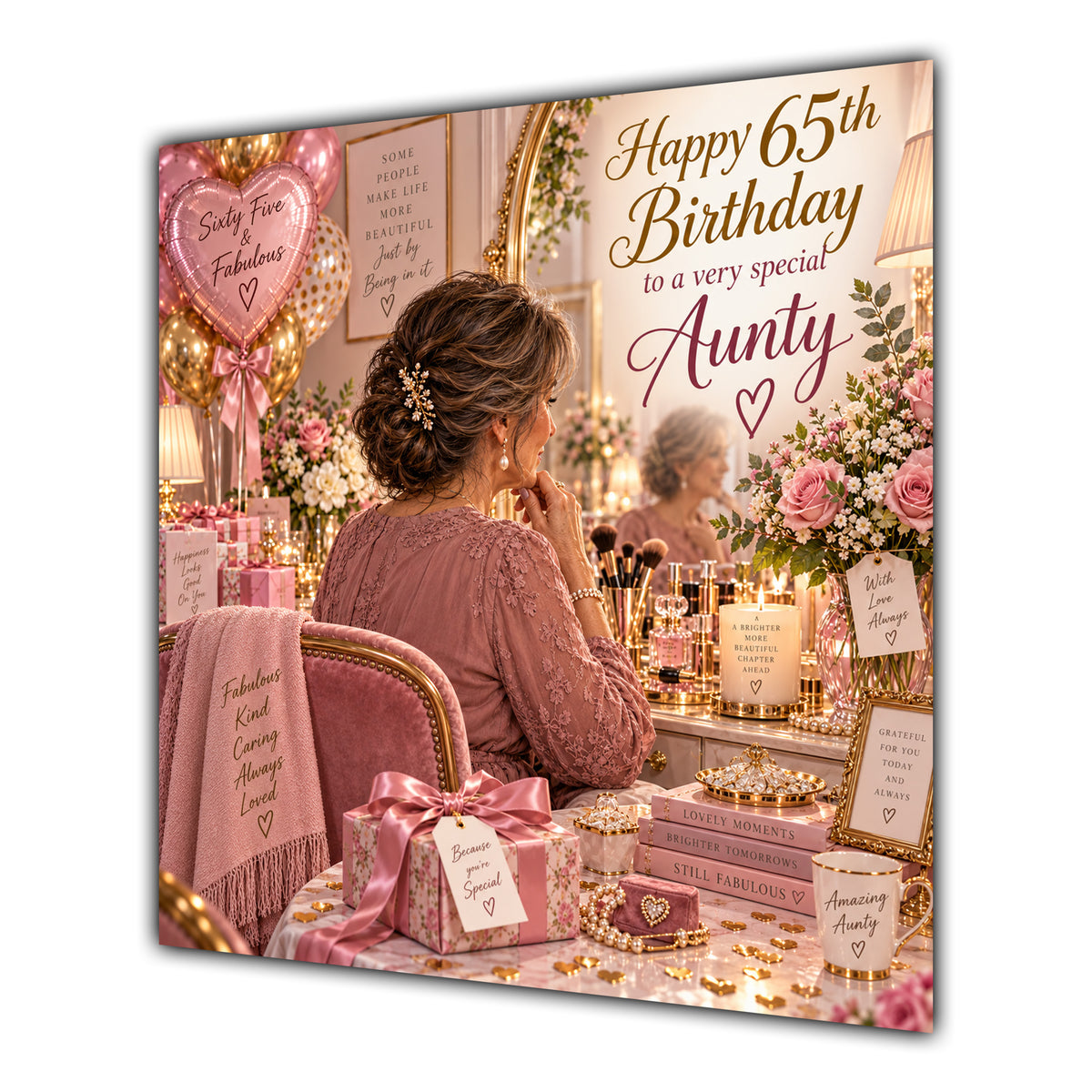 Aunty 65th Birthday Card Brunette Dressing Table Pink Roses