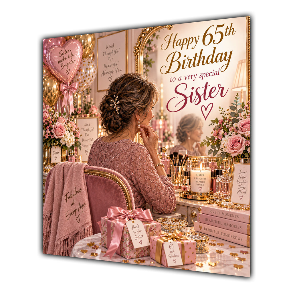 Sister 65th Birthday Card Brunette Dressing Table Pink Roses