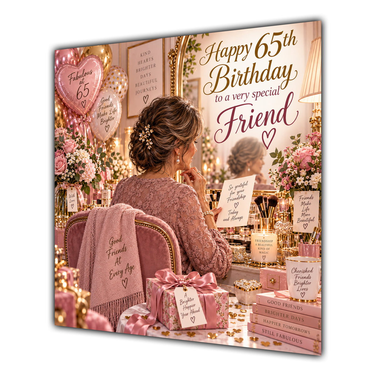 Friend 65th Birthday Card Brunette Dressing Table Pink Roses