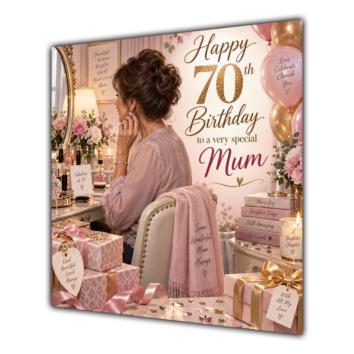 Mum 70th Birthday Card Brunette Dressing Table Pink Roses