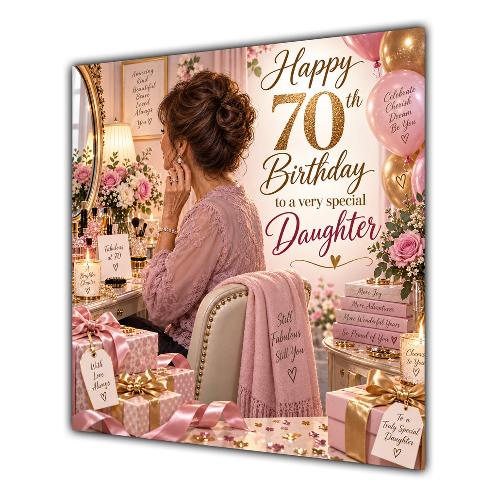 Daughter 70th Birthday Card Brunette Dressing Table Pink Roses