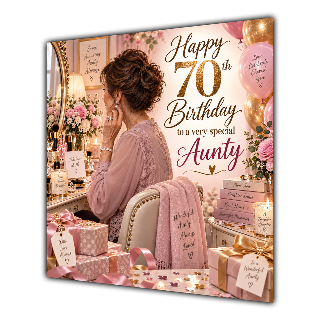 Aunty 70th Birthday Card Brunette Dressing Table Pink Roses
