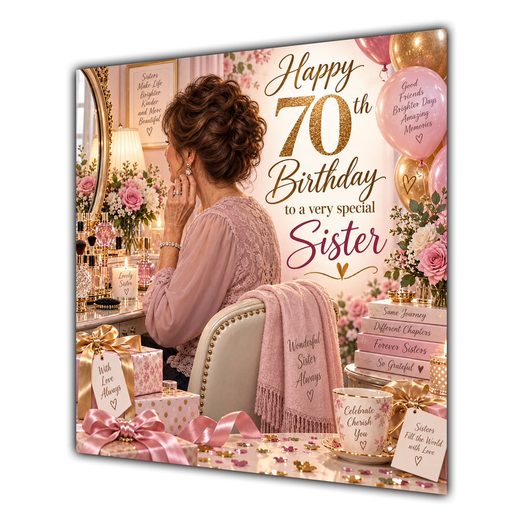 Sister 70th Birthday Card Brunette Dressing Table Pink Roses