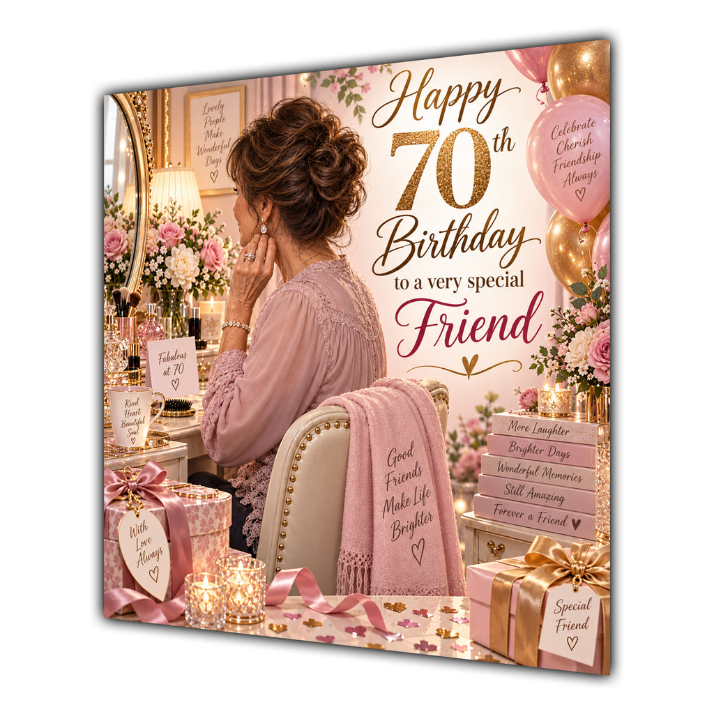 Friend 70th Birthday Card Brunette Dressing Table Pink Roses