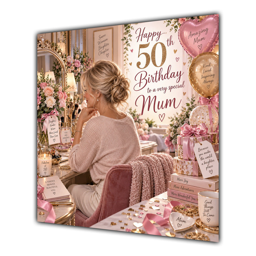 Mum 50th Birthday Card Blonde Dressing Table Pink Roses