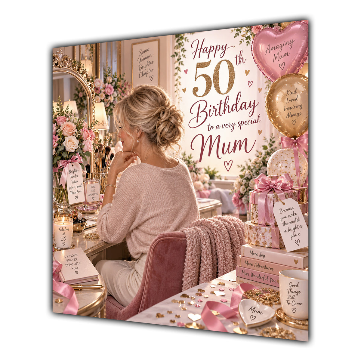 Mum 50th Birthday Card Blonde Dressing Table Pink Roses