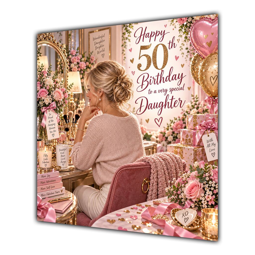 Daughter 50th Birthday Card Blonde Dressing Table Pink Roses