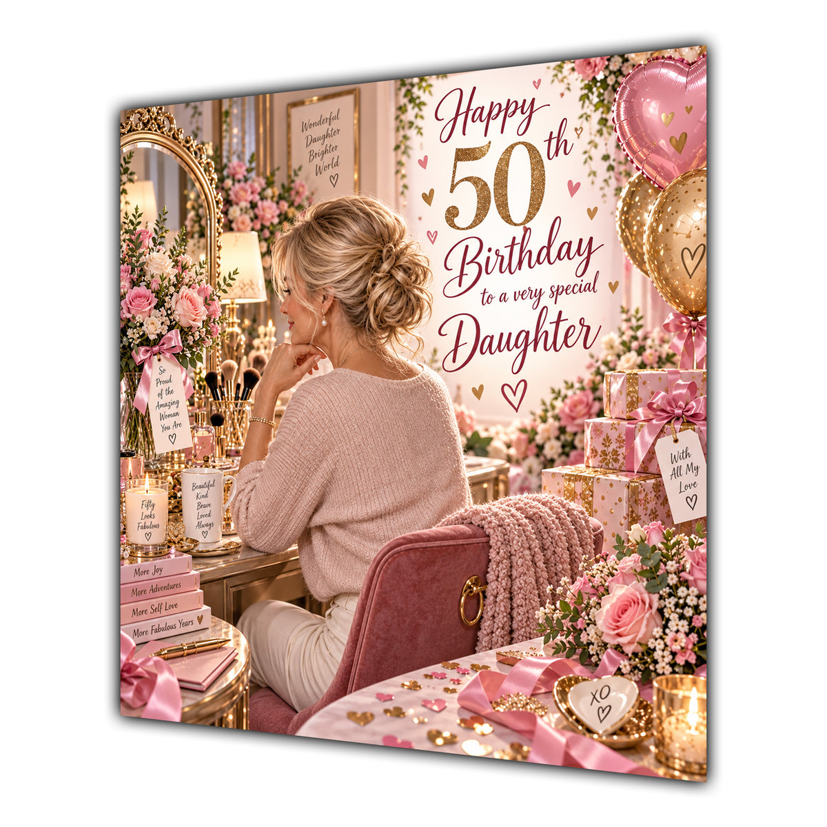 Daughter 50th Birthday Card Blonde Dressing Table Pink Roses