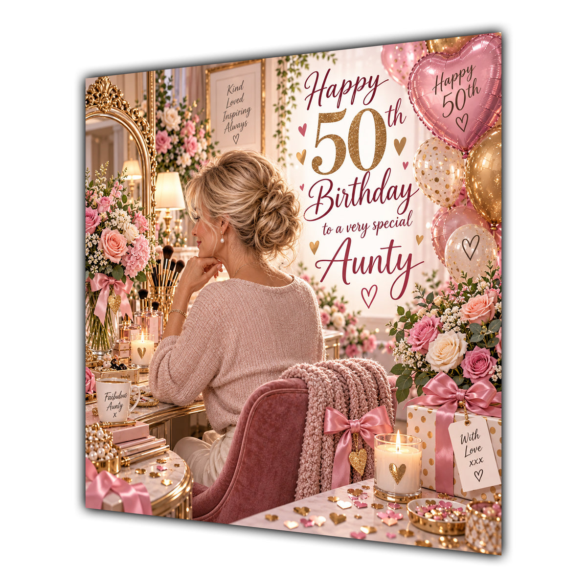 Aunty 50th Birthday Card Blonde Dressing Table Pink Roses