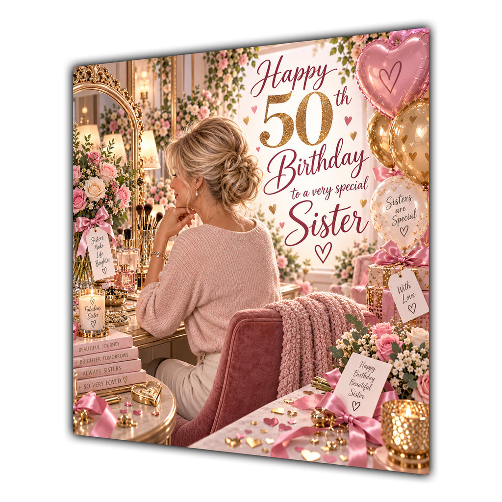 Sister 50th Birthday Card Blonde Dressing Table Pink Roses