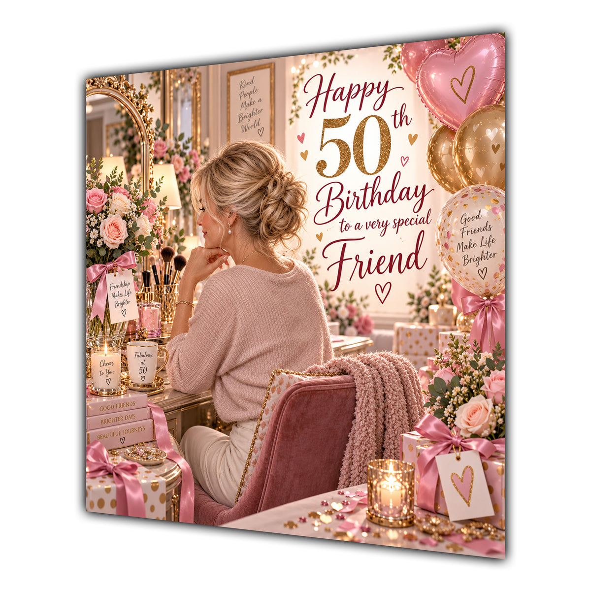 Friend 50th Birthday Card Blonde Dressing Table Pink Roses