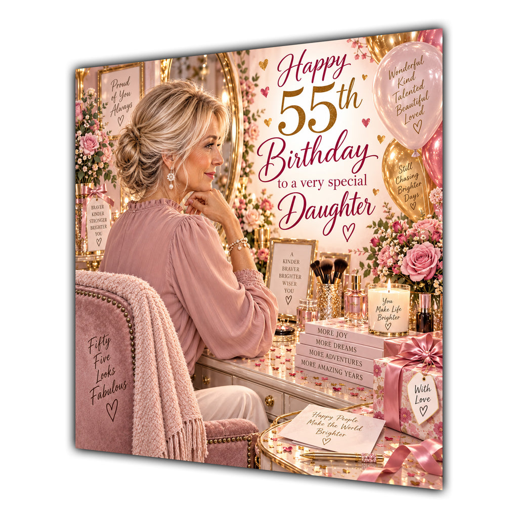 Daughter 55th Birthday Card Blonde Dressing Table Pink Roses
