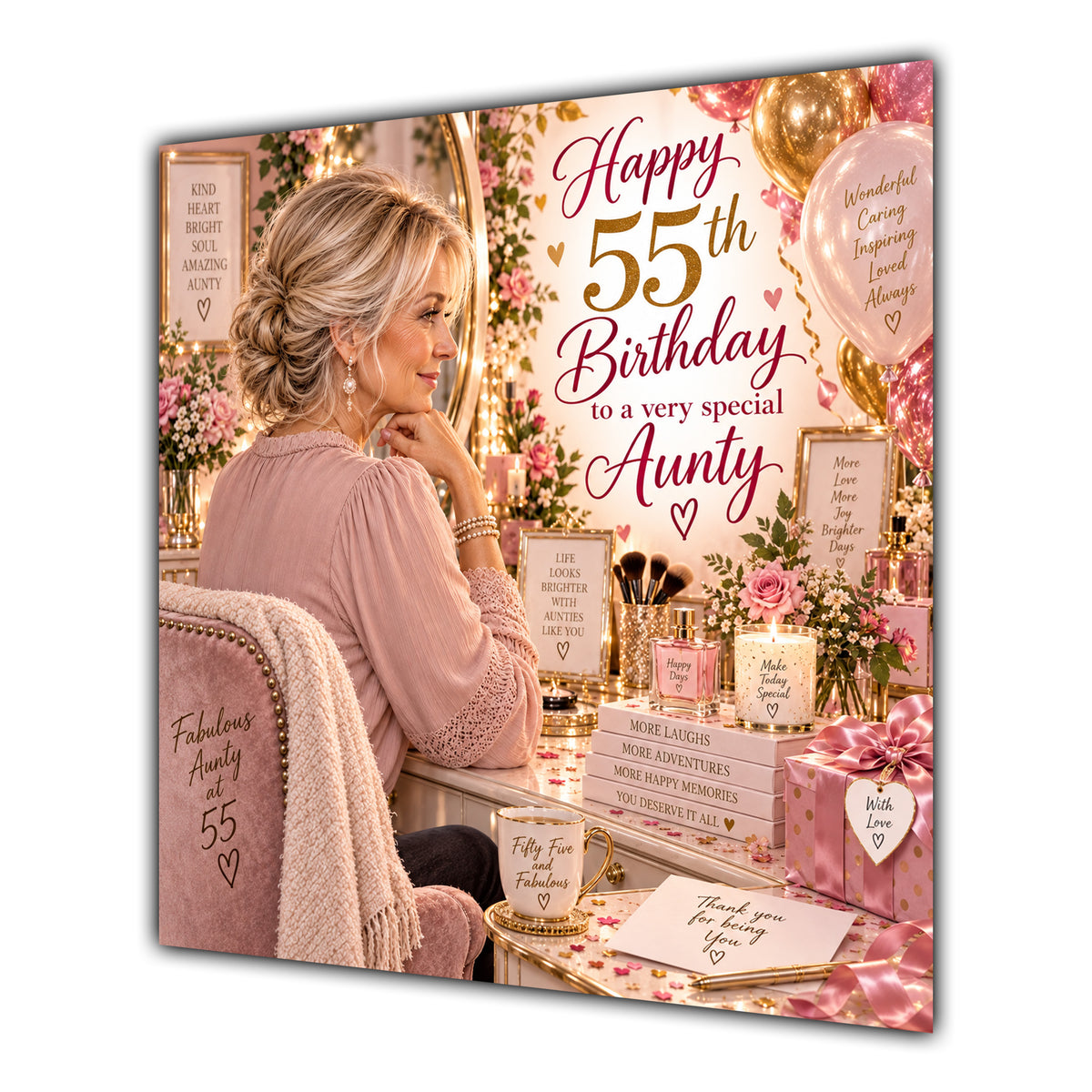 Aunty 55th Birthday Card Blonde Dressing Table Pink Roses