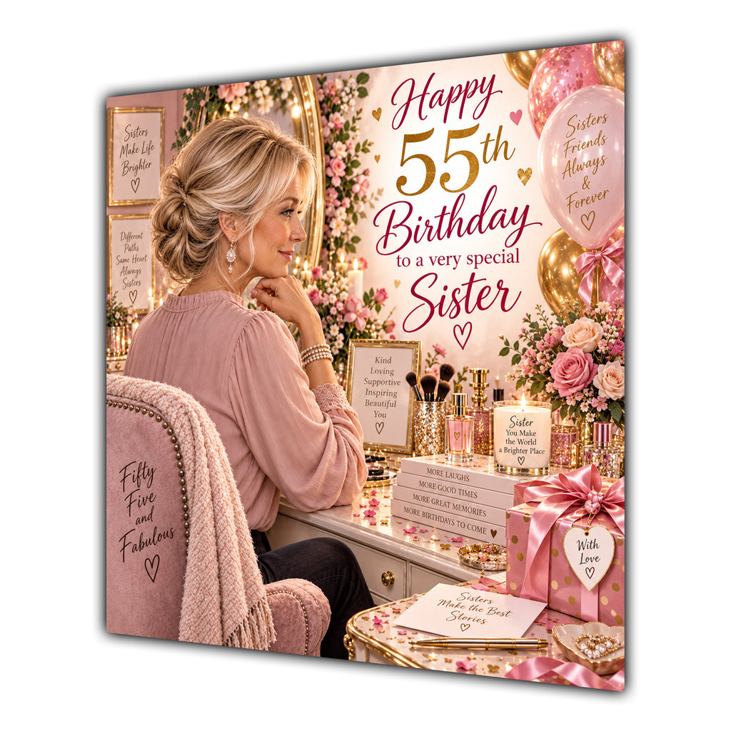 Sister 55th Birthday Card Blonde Dressing Table Pink Roses