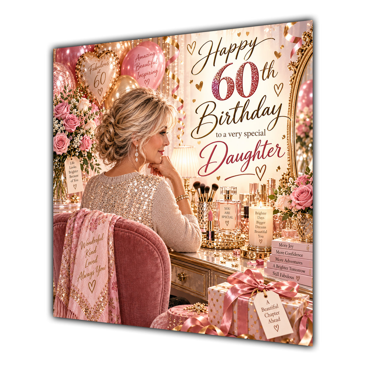 Daughter 60th Birthday Card Blonde Dressing Table Pink Roses