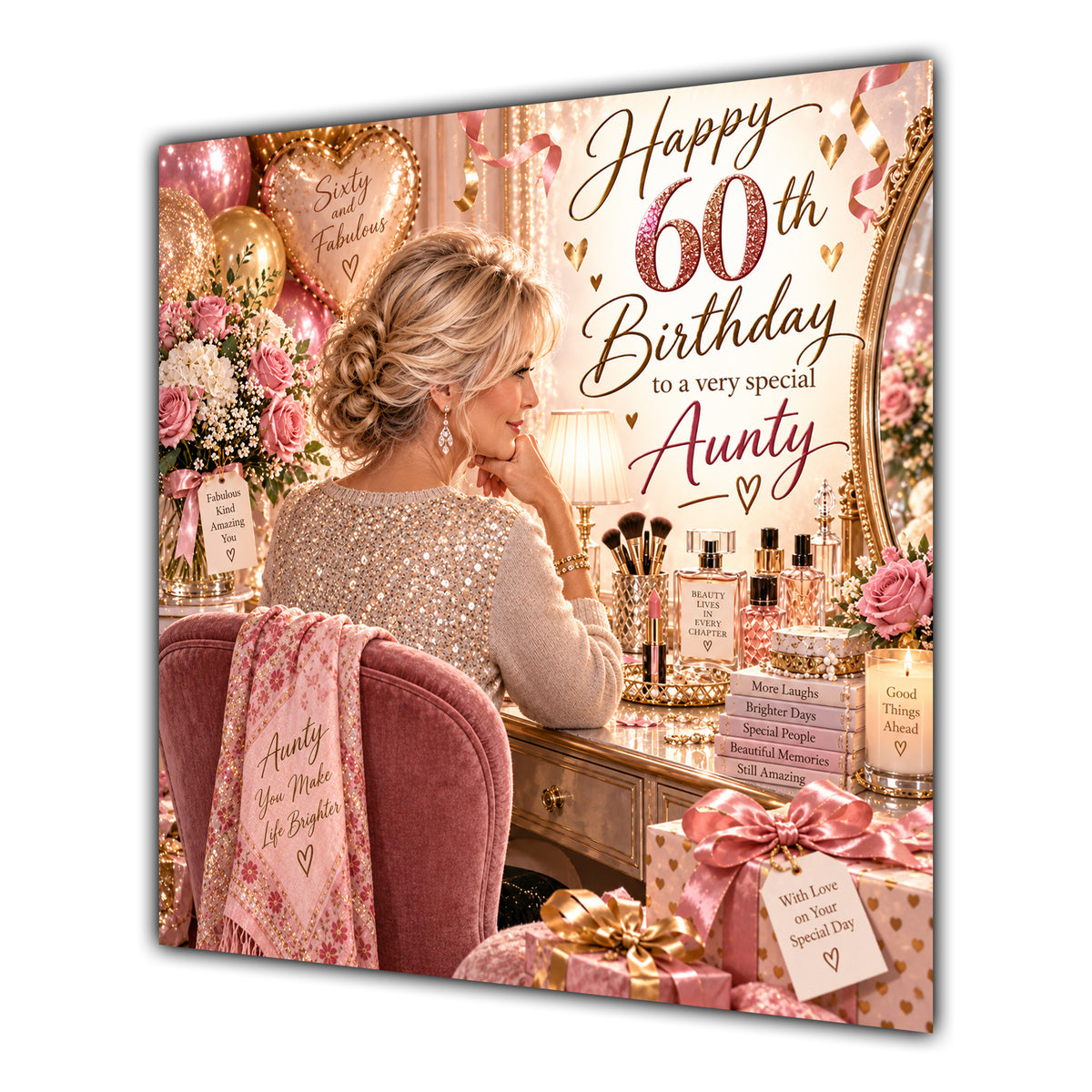 Aunty 60th Birthday Card Blonde Dressing Table Pink Roses
