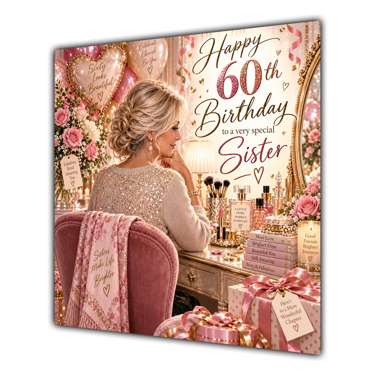 Sister 60th Birthday Card Blonde Dressing Table Pink Roses