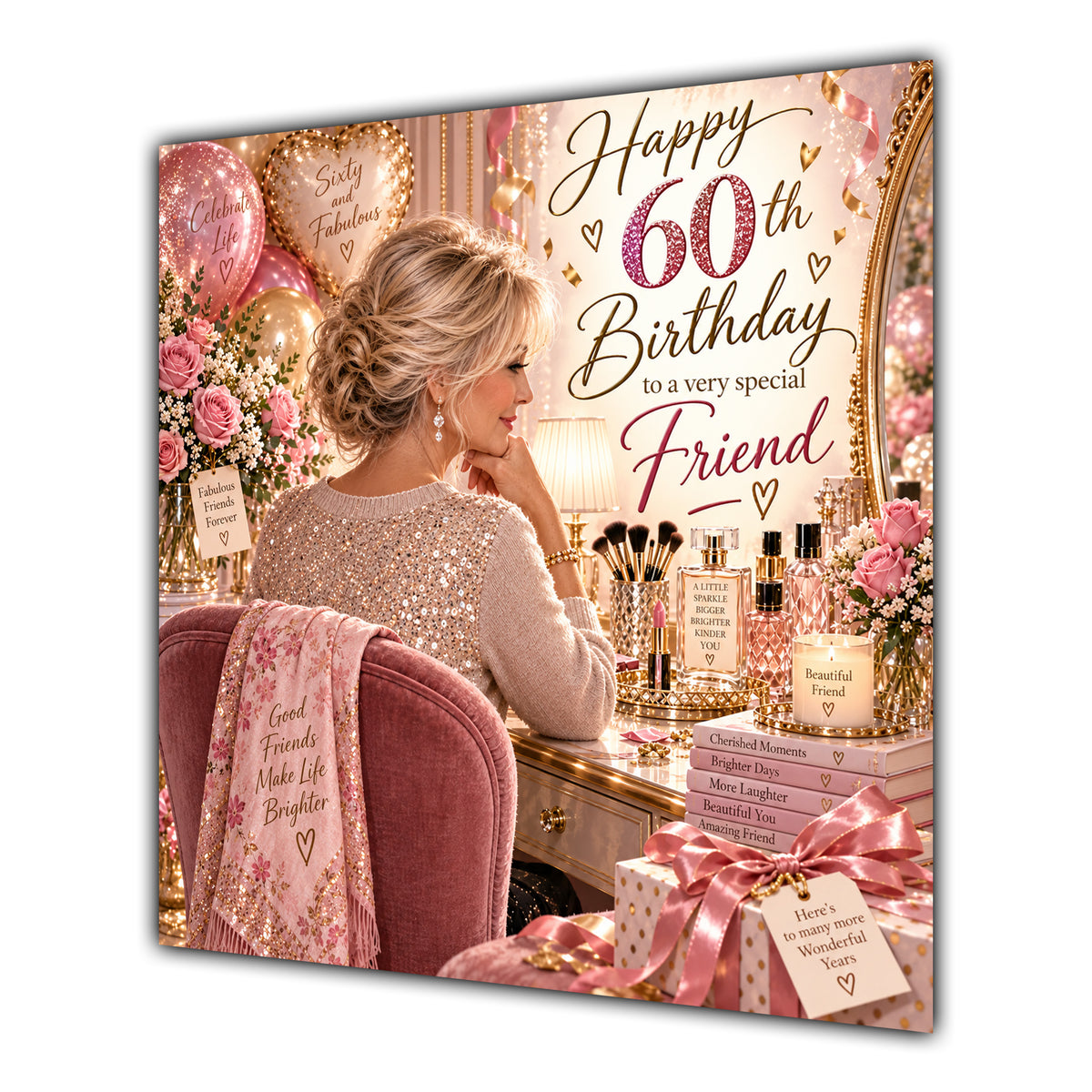 Friend 60th Birthday Card Blonde Dressing Table Pink Roses
