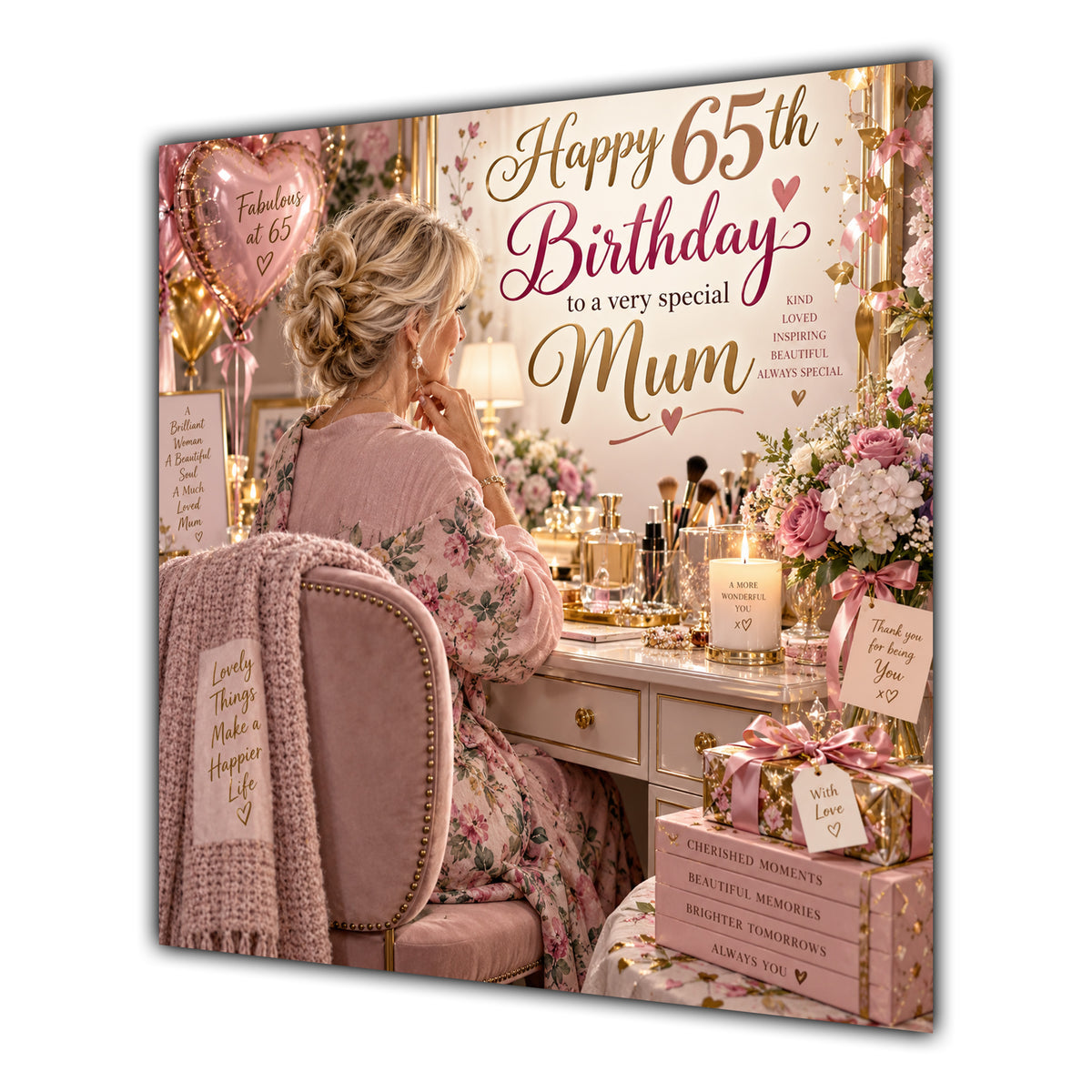 Mum 65th Birthday Card Blonde Dressing Table Pink Roses