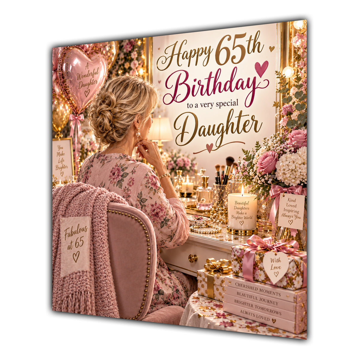 Daughter 65th Birthday Card Blonde Dressing Table Pink Roses
