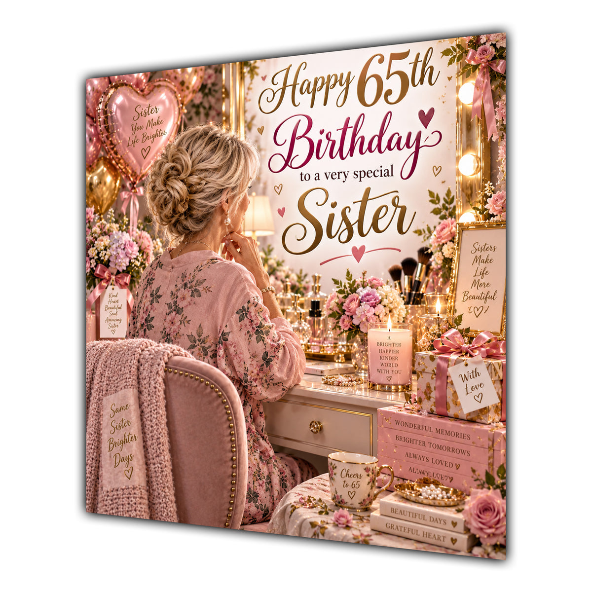 Sister 65th Birthday Card Blonde Dressing Table Pink Roses