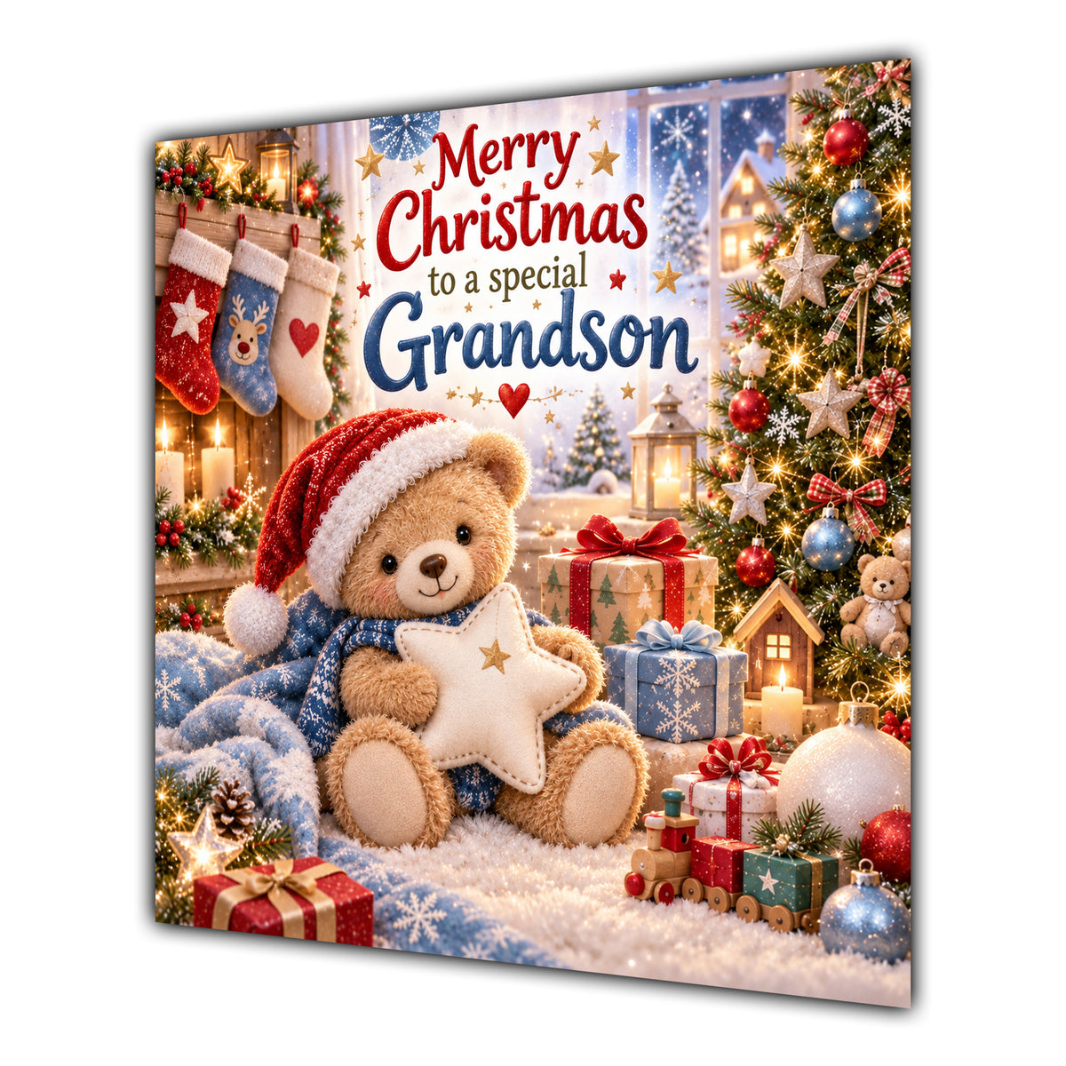 Grandson Christmas Card Teddy Bear Santa Hat Star and Gifts - unpersonalised 15 cm square matte greeting card