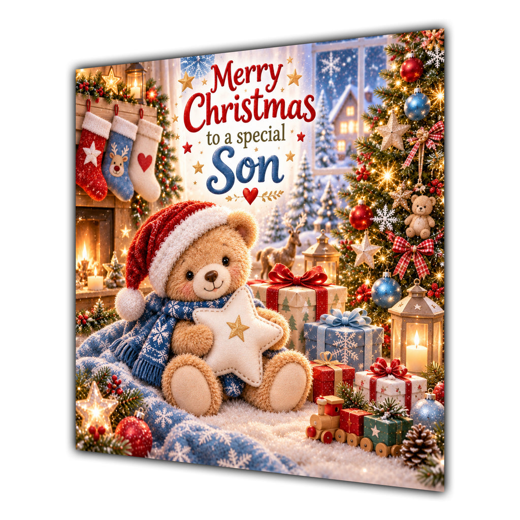 Son Christmas Card Teddy Bear Santa Hat Star and Gifts - unpersonalised 15 cm square matte greeting card