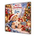 Son Christmas Card Teddy Bear Santa Hat Star and Gifts - unpersonalised 15 cm square matte greeting card