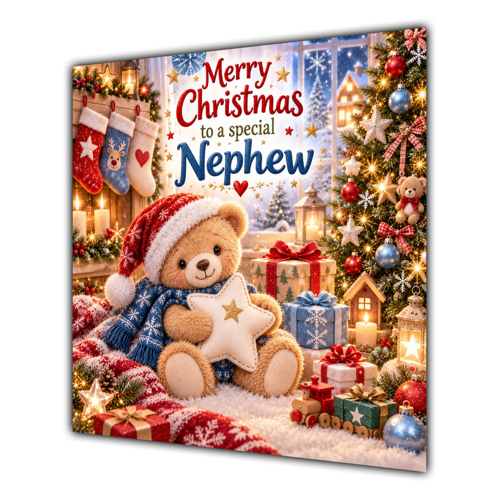 Nephew Christmas Card Teddy Bear Santa Hat Star and Gifts - unpersonalised 15 cm square matte greeting card
