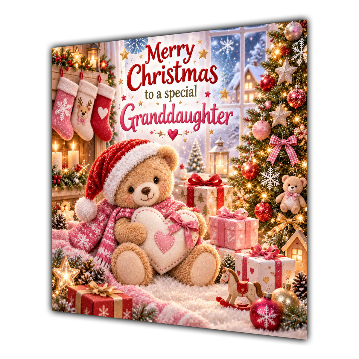 Granddaughter Christmas Card Teddy Bear Santa Hat Star and Gifts - unpersonalised 15 cm square matte greeting card