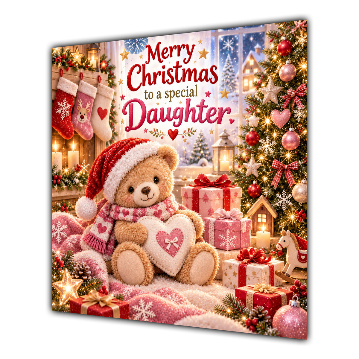 Daughter Christmas Card Teddy Bear Santa Hat Star and Gifts - unpersonalised 15 cm square matte greeting card
