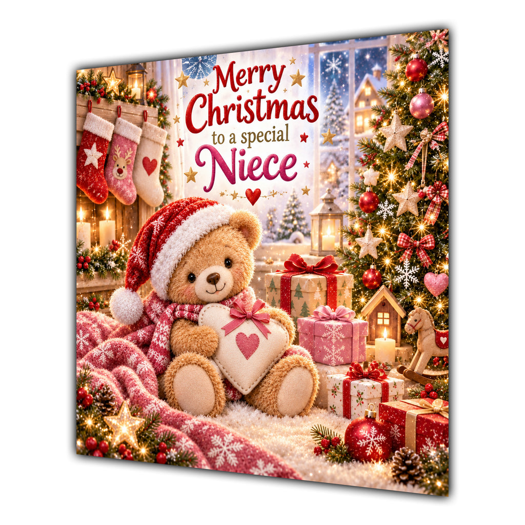 Niece Christmas Card Teddy Bear Santa Hat Star and Gifts - unpersonalised 15 cm square matte greeting card