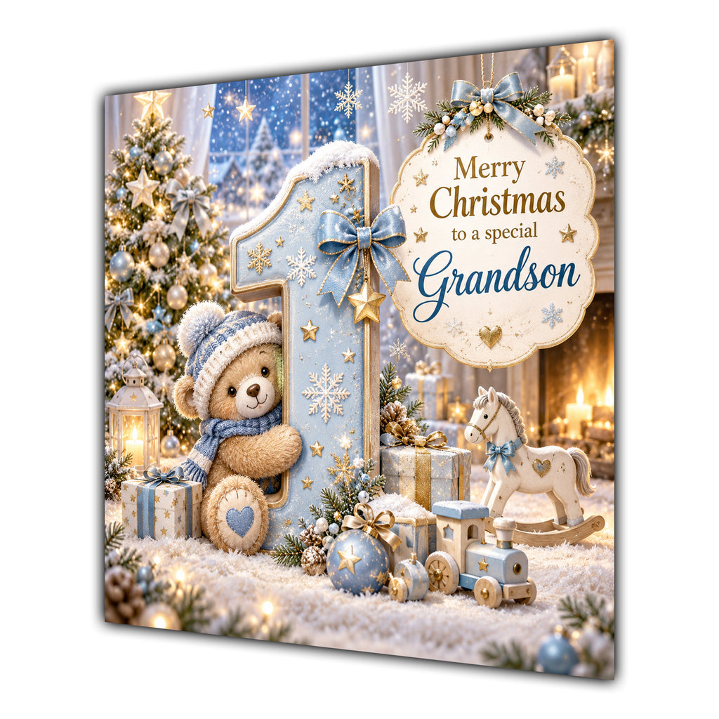 Grandson Christmas Card First Christmas Teddy Bear Number 1 - unpersonalised 15 cm square matte greeting card