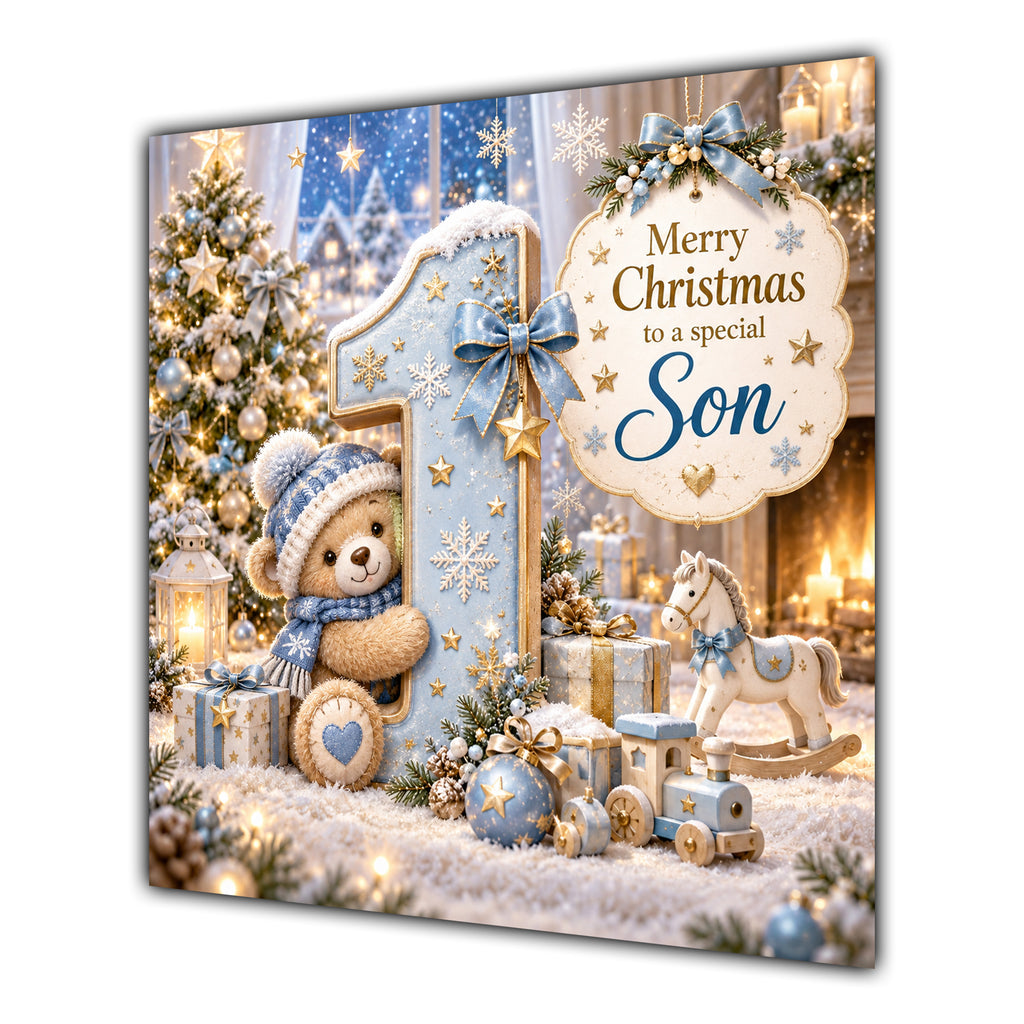 Son Christmas Card First Christmas Teddy Bear Number 1 - unpersonalised 15 cm square matte greeting card