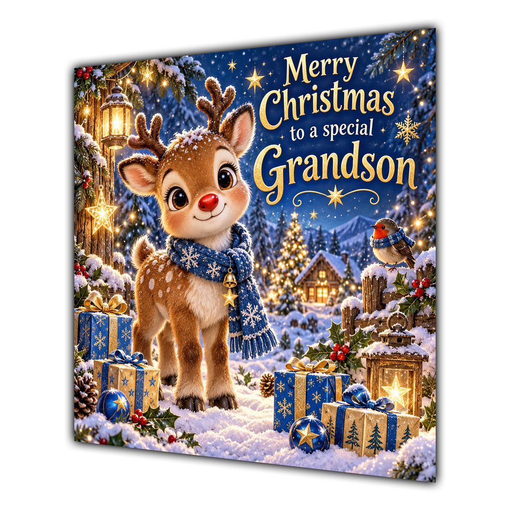 Grandson Christmas Card Cute Reindeer Snowy Village and Gifts - unpersonalised 15 cm square matte greeting card