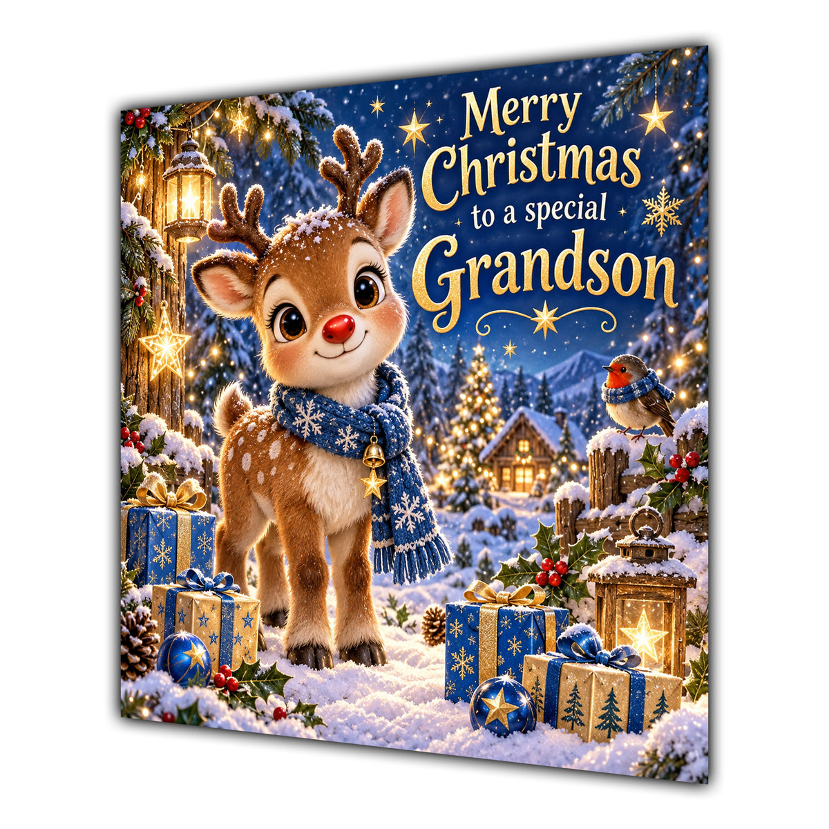 Grandson Christmas Card Cute Reindeer Snowy Village and Gifts - unpersonalised 15 cm square matte greeting card
