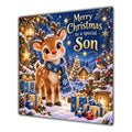 Son Christmas Card Cute Reindeer Snowy Village and Gifts - unpersonalised 15 cm square matte greeting card