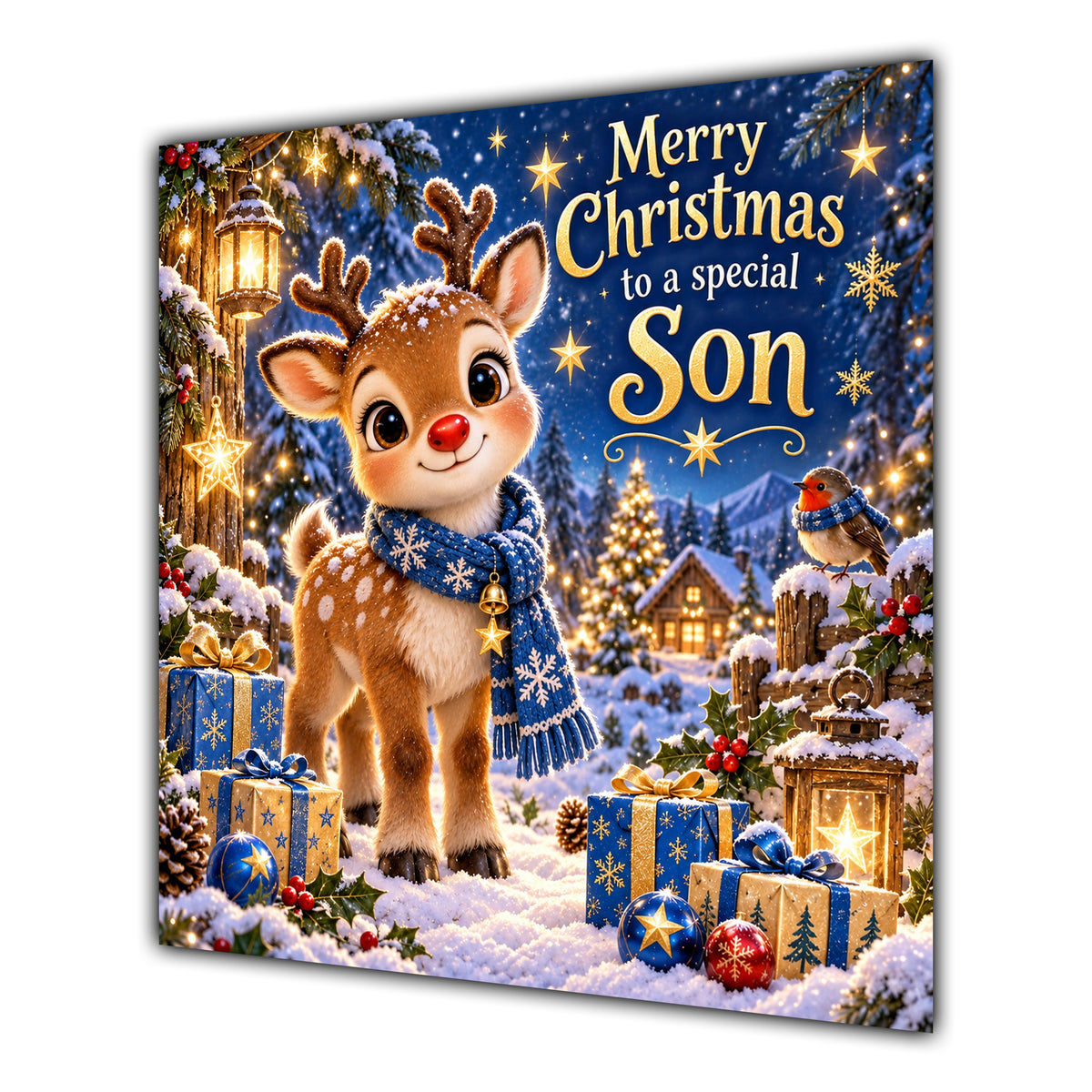Son Christmas Card Cute Reindeer Snowy Village and Gifts - unpersonalised 15 cm square matte greeting card