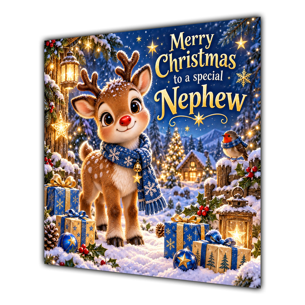 Nephew Christmas Card Cute Reindeer Snowy Village and Gifts - unpersonalised 15 cm square matte greeting card