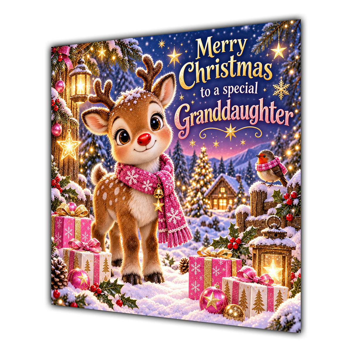 Granddaughter Christmas Card Cute Reindeer Snowy Village and Gifts - unpersonalised 15 cm square matte greeting card