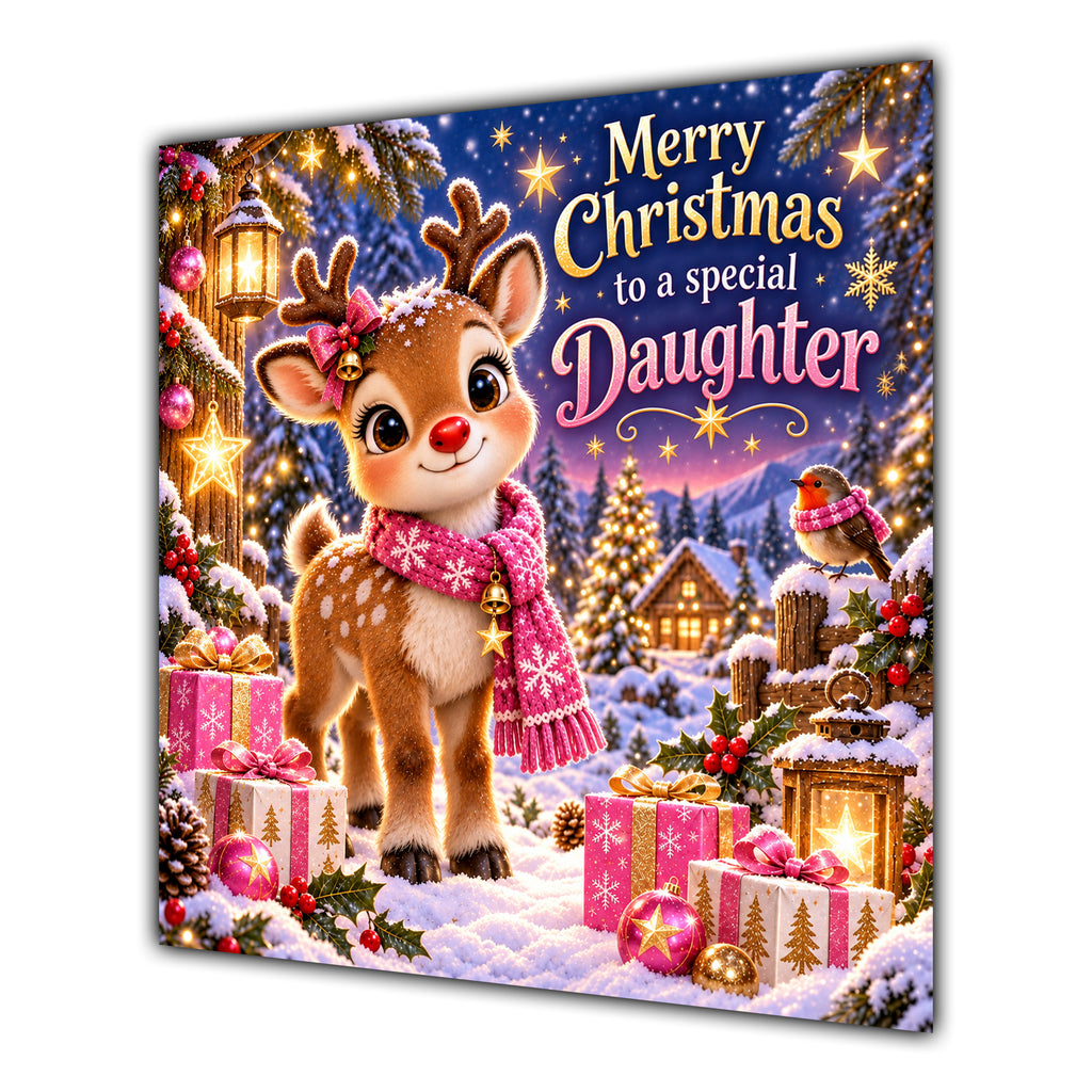 Daughter Christmas Card Cute Reindeer Snowy Village and Gifts - unpersonalised 15 cm square matte greeting card
