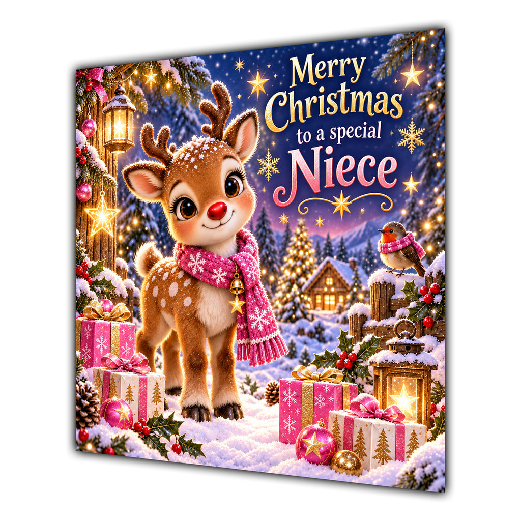 Niece Christmas Card Cute Reindeer Snowy Village and Gifts - unpersonalised 15 cm square matte greeting card