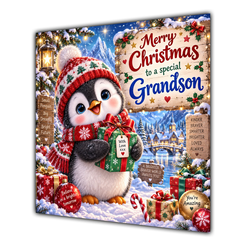 Grandson Christmas Card Cute Penguin Winter Hat and Gifts - unpersonalised 15 cm square matte greeting card