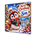 Son Christmas Card Cute Penguin Winter Hat and Gifts - unpersonalised 15 cm square matte greeting card